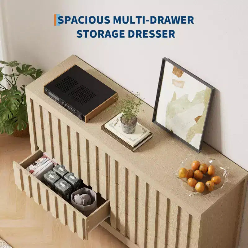Fluted Dresser for Bedroom with 6 Drawers,Modern Chest of Drawers with Handleless,Wooden Dresser, Wood Clothes Closet Organizer with Deep Storage