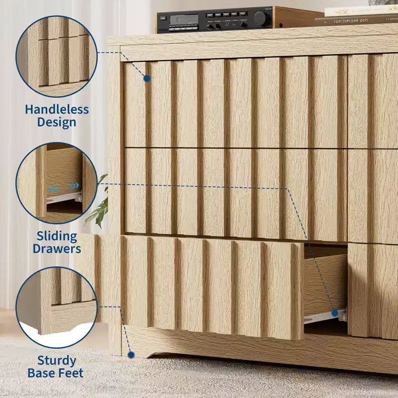 Fluted Dresser for Bedroom with 6 Drawers,Modern Chest of Drawers with Handleless,Wooden Dresser, Wood Clothes Closet Organizer with Deep Storage