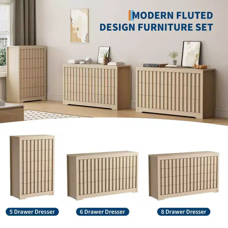 Fluted Dresser for Bedroom with 6 Drawers,Modern Chest of Drawers with Handleless,Wooden Dresser, Wood Clothes Closet Organizer with Deep Storage