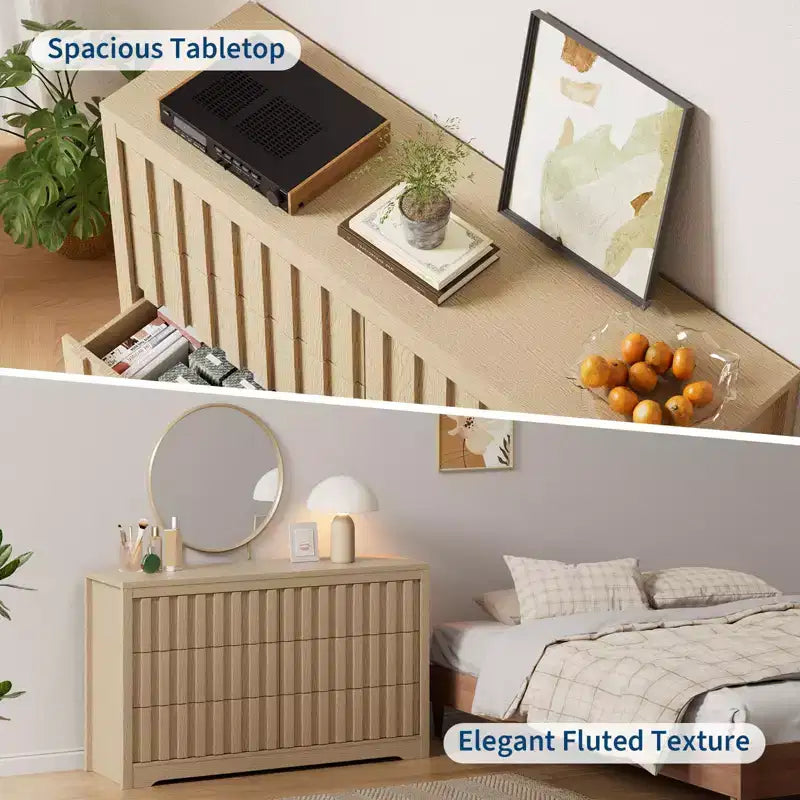 Fluted Dresser for Bedroom with 6 Drawers,Modern Chest of Drawers with Handleless,Wooden Dresser, Wood Clothes Closet Organizer with Deep Storage