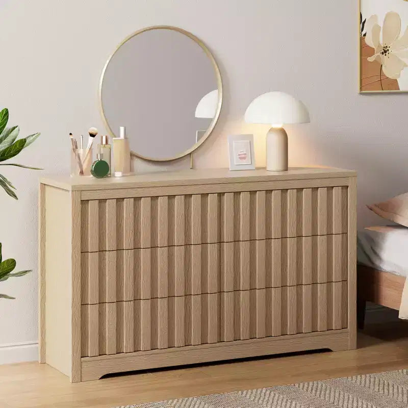 Fluted Dresser for Bedroom with 6 Drawers,Modern Chest of Drawers with Handleless,Wooden Dresser, Wood Clothes Closet Organizer with Deep Storage