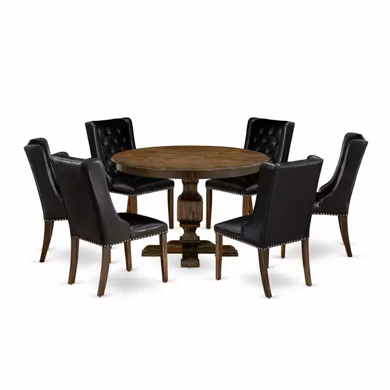 HomeStock Belmont 7 Piece Kitchen Dining Table Set Consists of a Dinner Table and 6 Black PU Leather Dining Room Chairs - Distressed Jacobean Finish