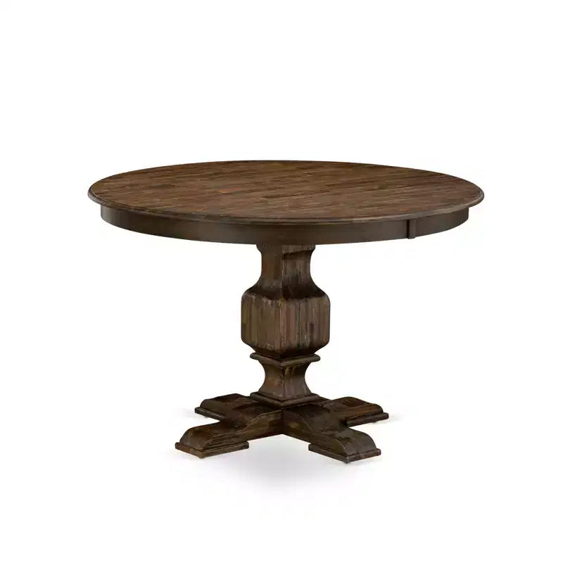 HomeStock Belmont 7 Piece Kitchen Dining Table Set Consists of a Dinner Table and 6 Black PU Leather Dining Room Chairs - Distressed Jacobean Finish