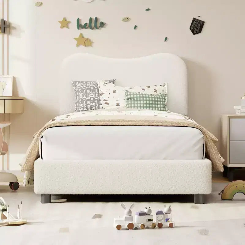 Velvet Upholstered Kids Bed Frame with Headboard - Low Profile Platform Bed for Teens, No Box Spring Needed, Cozy Fabric, Quiet & Easy Assembly