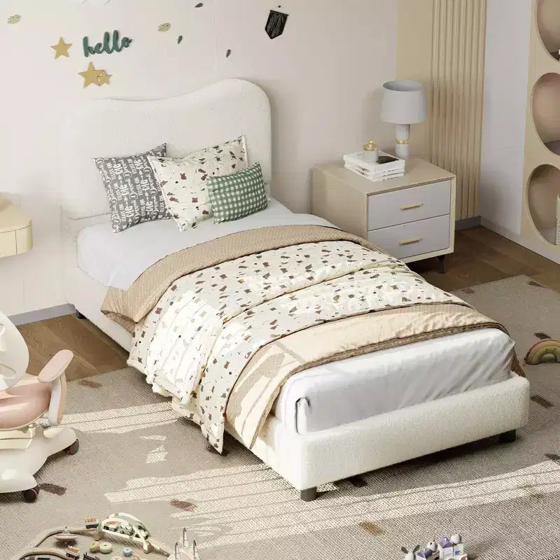 Velvet Upholstered Kids Bed Frame with Headboard - Low Profile Platform Bed for Teens, No Box Spring Needed, Cozy Fabric, Quiet & Easy Assembly
