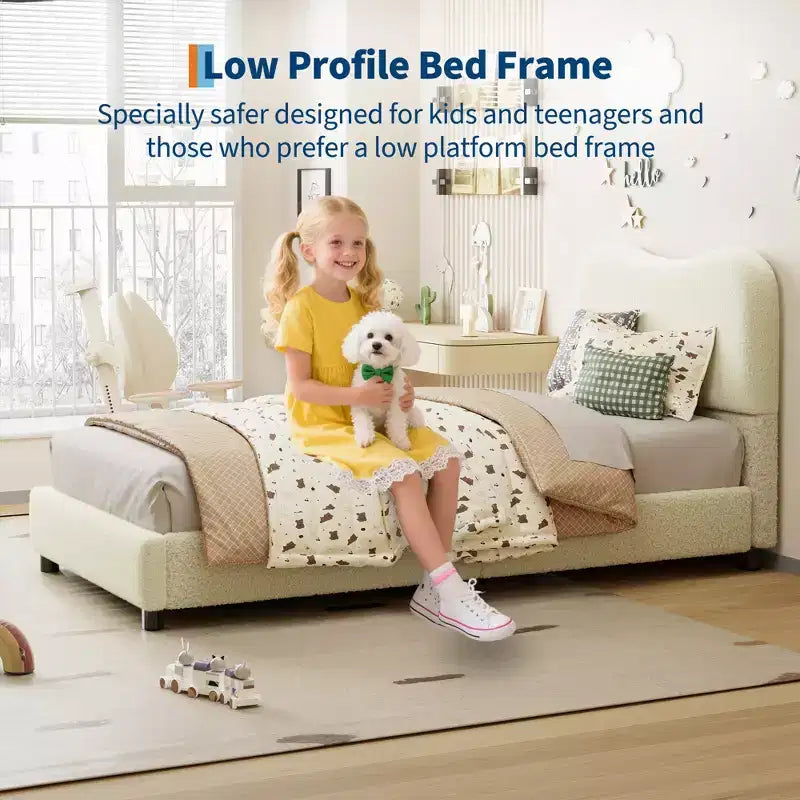 Velvet Upholstered Kids Bed Frame with Headboard - Low Profile Platform Bed for Teens, No Box Spring Needed, Cozy Fabric, Quiet & Easy Assembly