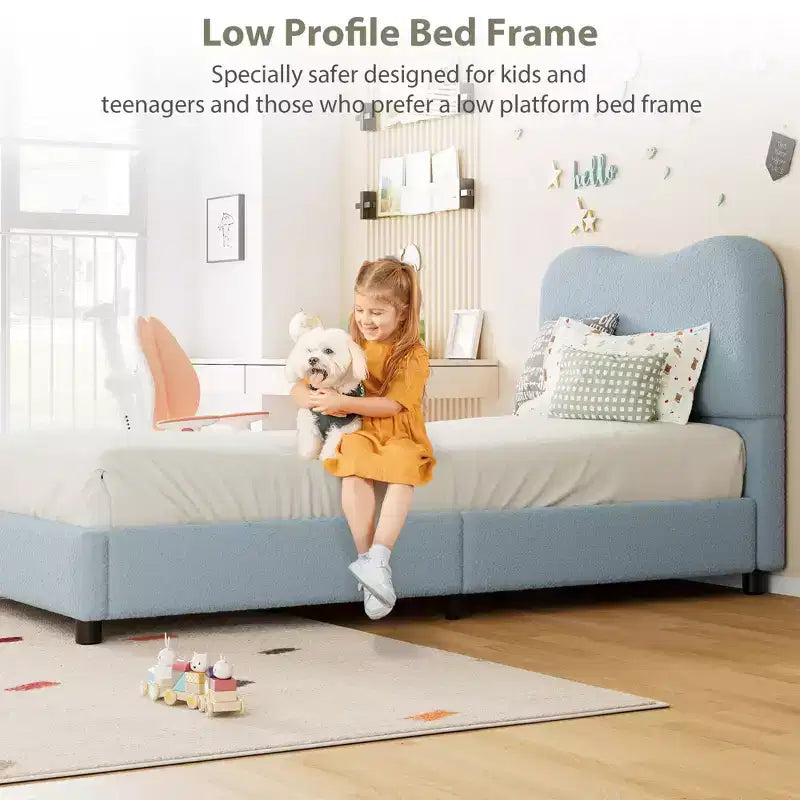 Velvet Upholstered Kids Bed Frame with Headboard - Low Profile Platform Bed for Teens, No Box Spring Needed, Cozy Fabric, Quiet & Easy Assembly