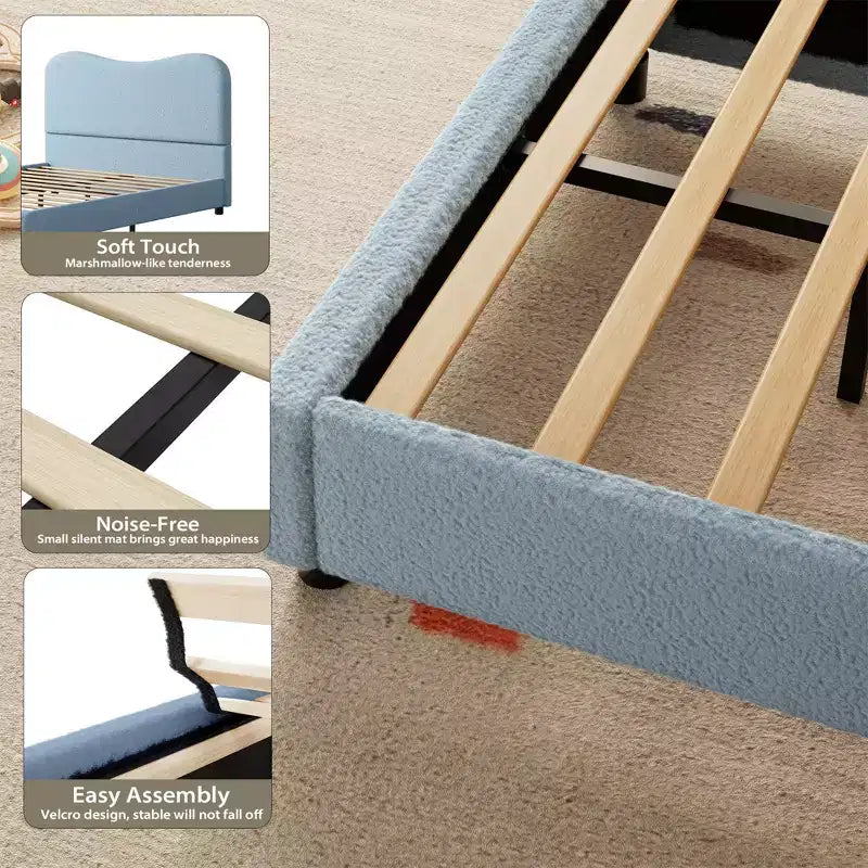 Velvet Upholstered Kids Bed Frame with Headboard - Low Profile Platform Bed for Teens, No Box Spring Needed, Cozy Fabric, Quiet & Easy Assembly