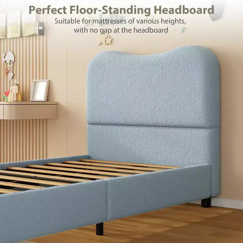 Velvet Upholstered Kids Bed Frame with Headboard - Low Profile Platform Bed for Teens, No Box Spring Needed, Cozy Fabric, Quiet & Easy Assembly