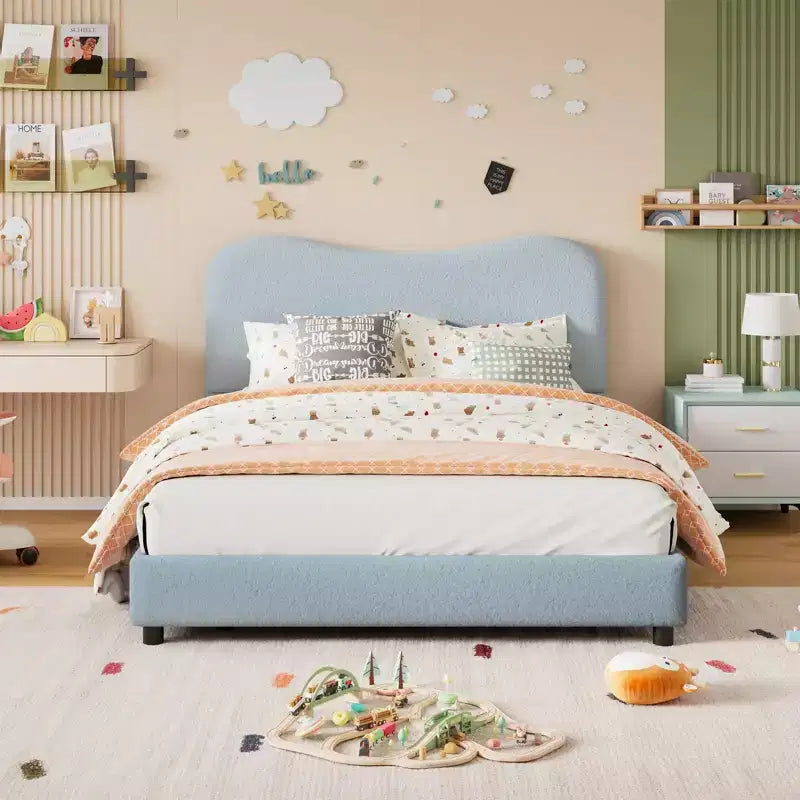 Velvet Upholstered Kids Bed Frame with Headboard - Low Profile Platform Bed for Teens, No Box Spring Needed, Cozy Fabric, Quiet & Easy Assembly