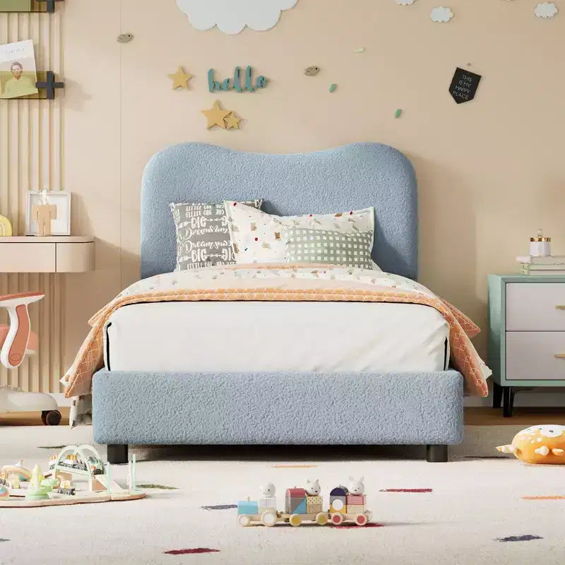 Velvet Upholstered Kids Bed Frame with Headboard - Low Profile Platform Bed for Teens, No Box Spring Needed, Cozy Fabric, Quiet & Easy Assembly