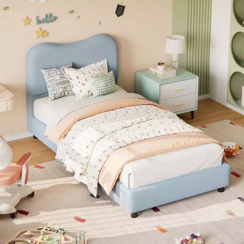 Velvet Upholstered Kids Bed Frame with Headboard - Low Profile Platform Bed for Teens, No Box Spring Needed, Cozy Fabric, Quiet & Easy Assembly