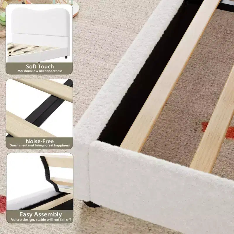 Velvet Upholstered Kids Bed Frame with Headboard - Low Profile Platform Bed for Teens, No Box Spring Needed, Cozy Fabric, Quiet & Easy Assembly