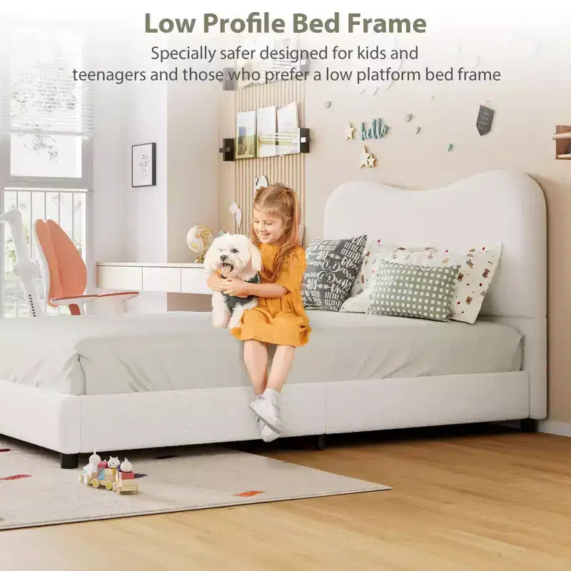 Velvet Upholstered Kids Bed Frame with Headboard - Low Profile Platform Bed for Teens, No Box Spring Needed, Cozy Fabric, Quiet & Easy Assembly