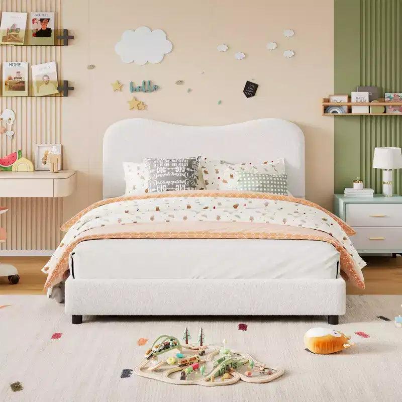 Velvet Upholstered Kids Bed Frame with Headboard - Low Profile Platform Bed for Teens, No Box Spring Needed, Cozy Fabric, Quiet & Easy Assembly