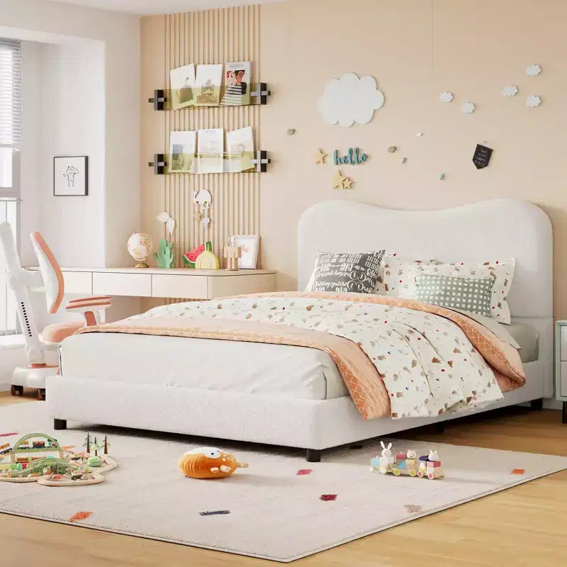 Velvet Upholstered Kids Bed Frame with Headboard - Low Profile Platform Bed for Teens, No Box Spring Needed, Cozy Fabric, Quiet & Easy Assembly