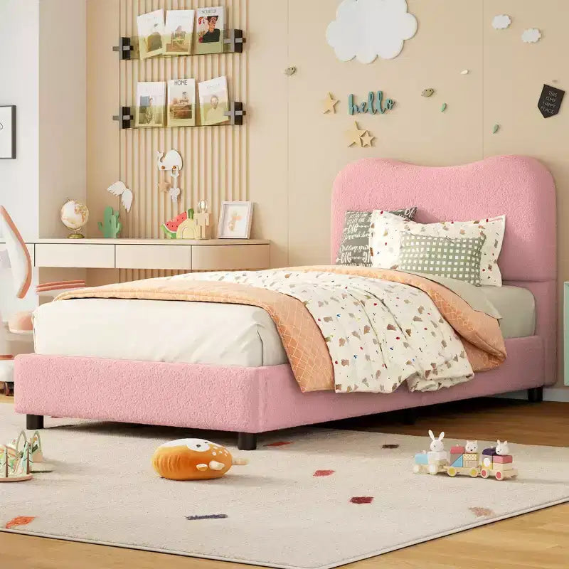 Velvet Upholstered Kids Bed Frame with Headboard - Low Profile Platform Bed for Teens, No Box Spring Needed, Cozy Fabric, Quiet & Easy Assembly