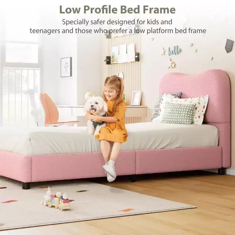Velvet Upholstered Kids Bed Frame with Headboard - Low Profile Platform Bed for Teens, No Box Spring Needed, Cozy Fabric, Quiet & Easy Assembly