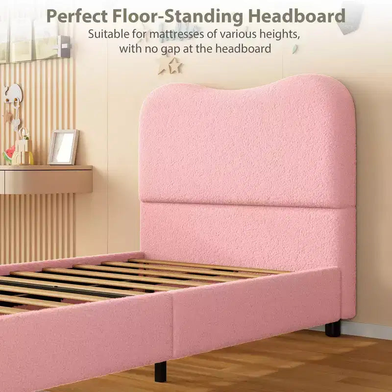 Velvet Upholstered Kids Bed Frame with Headboard - Low Profile Platform Bed for Teens, No Box Spring Needed, Cozy Fabric, Quiet & Easy Assembly