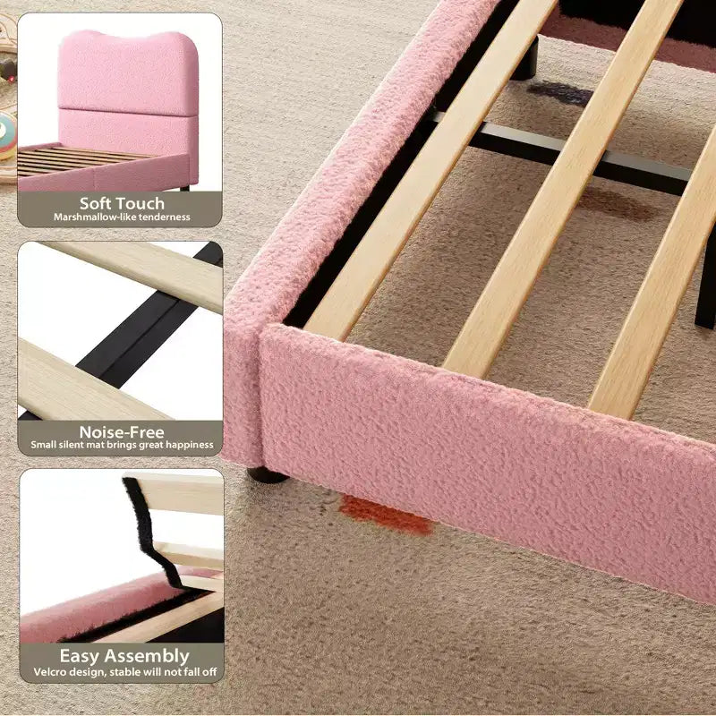 Velvet Upholstered Kids Bed Frame with Headboard - Low Profile Platform Bed for Teens, No Box Spring Needed, Cozy Fabric, Quiet & Easy Assembly