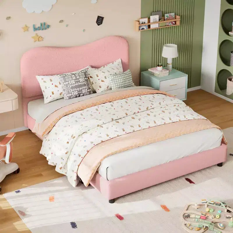 Velvet Upholstered Kids Bed Frame with Headboard - Low Profile Platform Bed for Teens, No Box Spring Needed, Cozy Fabric, Quiet & Easy Assembly
