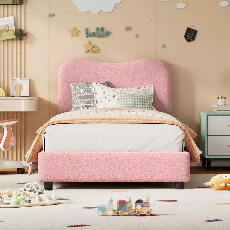 Velvet Upholstered Kids Bed Frame with Headboard - Low Profile Platform Bed for Teens, No Box Spring Needed, Cozy Fabric, Quiet & Easy Assembly