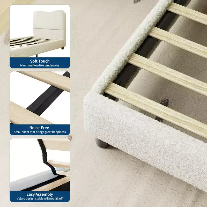 Velvet Upholstered Kids Bed Frame with Headboard - Low Profile Platform Bed for Teens, No Box Spring Needed, Cozy Fabric, Quiet & Easy Assembly