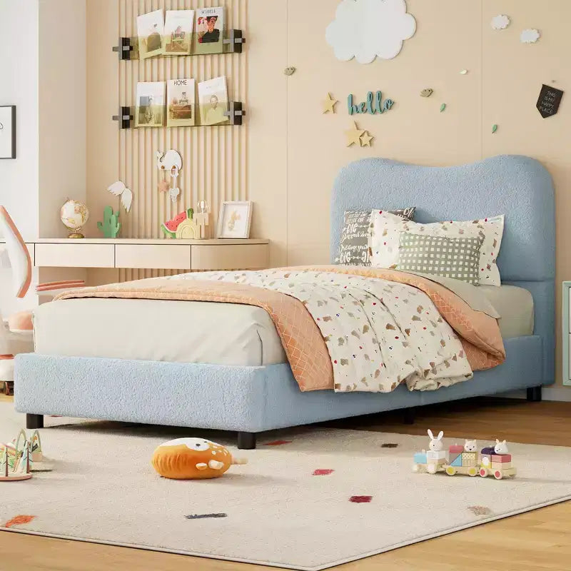 Velvet Upholstered Kids Bed Frame with Headboard - Low Profile Platform Bed for Teens, No Box Spring Needed, Cozy Fabric, Quiet & Easy Assembly