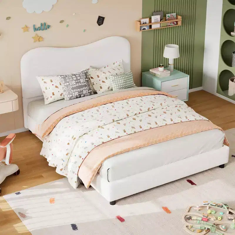 Velvet Upholstered Kids Bed Frame with Headboard - Low Profile Platform Bed for Teens, No Box Spring Needed, Cozy Fabric, Quiet & Easy Assembly