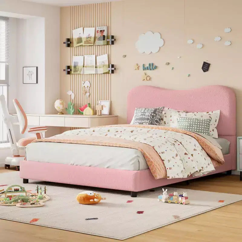 Velvet Upholstered Kids Bed Frame with Headboard - Low Profile Platform Bed for Teens, No Box Spring Needed, Cozy Fabric, Quiet & Easy Assembly