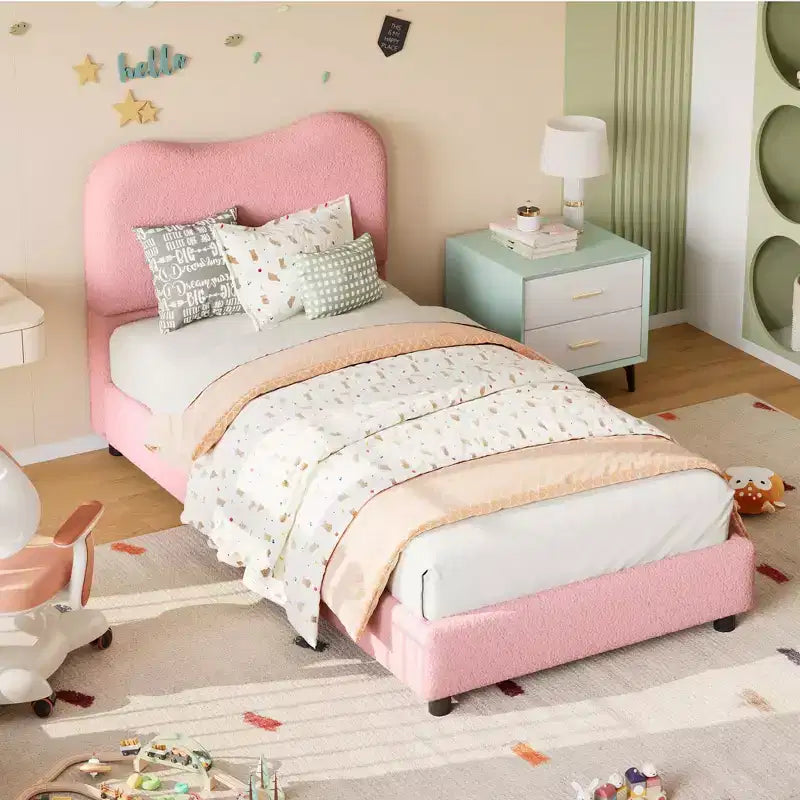 Velvet Upholstered Kids Bed Frame with Headboard - Low Profile Platform Bed for Teens, No Box Spring Needed, Cozy Fabric, Quiet & Easy Assembly