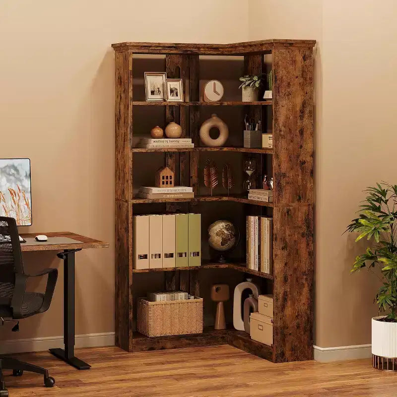 73 L-Shaped Corner Bookshelf - 5-Tier Farmhouse Shelf with 60lb Capacity, Thickened MDF Boards