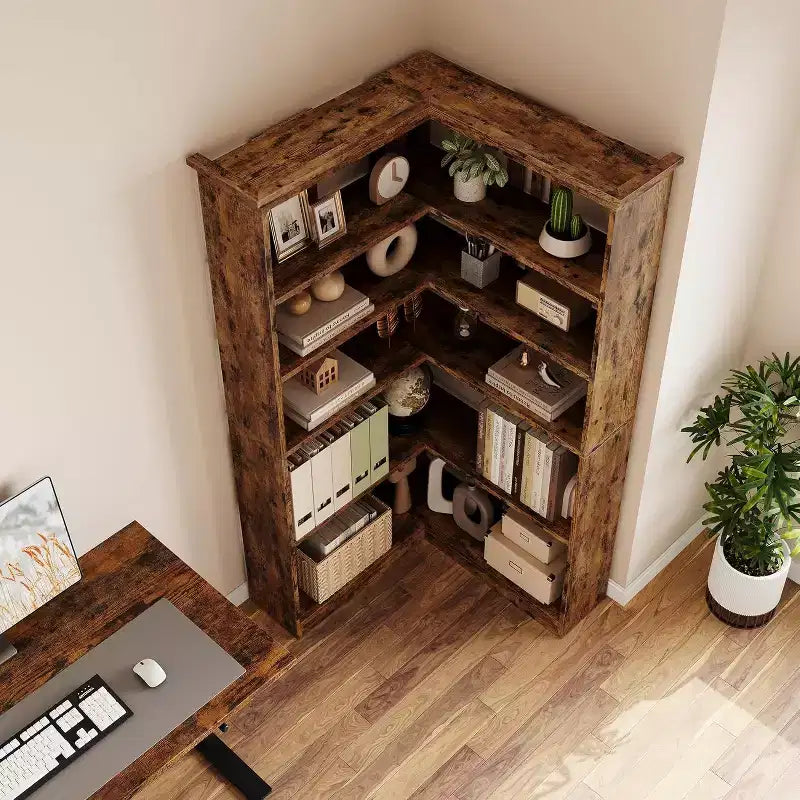 73 L-Shaped Corner Bookshelf - 5-Tier Farmhouse Shelf with 60lb Capacity, Thickened MDF Boards