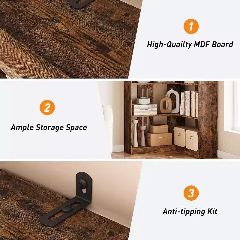 73 L-Shaped Corner Bookshelf - 5-Tier Farmhouse Shelf with 60lb Capacity, Thickened MDF Boards