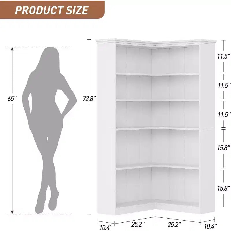 73 L-Shaped Corner Bookshelf - 5-Tier Farmhouse Shelf with 60lb Capacity, Thickened MDF Boards