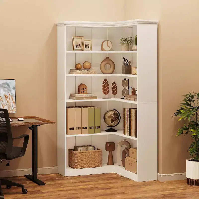 73 L-Shaped Corner Bookshelf - 5-Tier Farmhouse Shelf with 60lb Capacity, Thickened MDF Boards