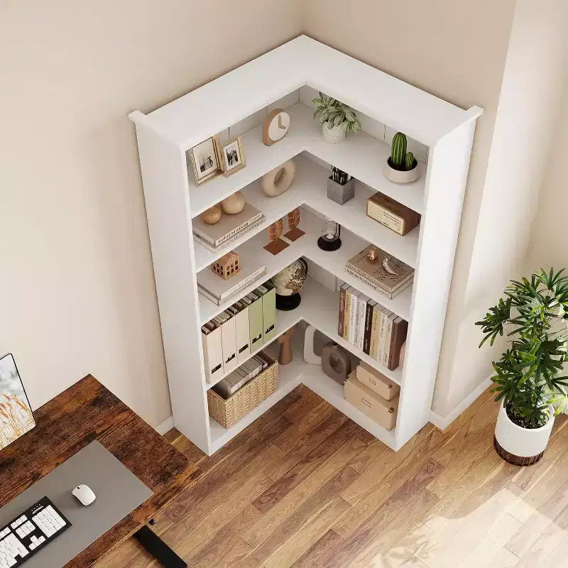 73 L-Shaped Corner Bookshelf - 5-Tier Farmhouse Shelf with 60lb Capacity, Thickened MDF Boards
