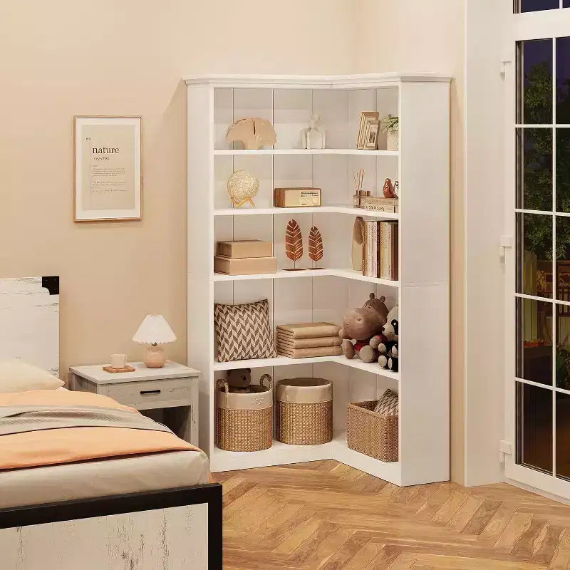 73 L-Shaped Corner Bookshelf - 5-Tier Farmhouse Shelf with 60lb Capacity, Thickened MDF Boards