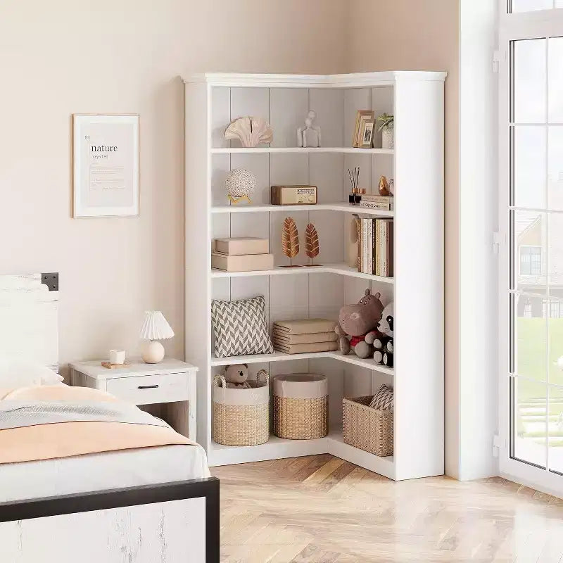 73 L-Shaped Corner Bookshelf - 5-Tier Farmhouse Shelf with 60lb Capacity, Thickened MDF Boards