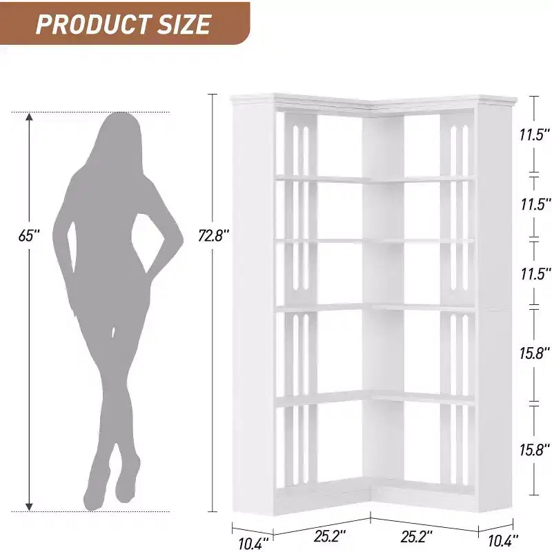 73 L-Shaped Corner Bookshelf - 5-Tier Farmhouse Shelf with 60lb Capacity, Thickened MDF Boards