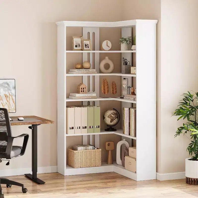73 L-Shaped Corner Bookshelf - 5-Tier Farmhouse Shelf with 60lb Capacity, Thickened MDF Boards