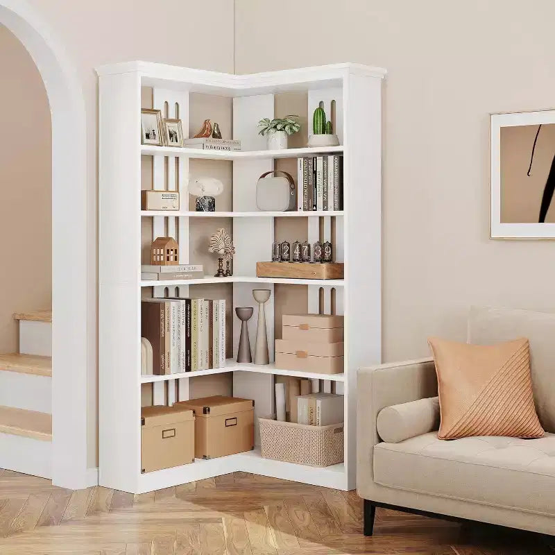 73 L-Shaped Corner Bookshelf - 5-Tier Farmhouse Shelf with 60lb Capacity, Thickened MDF Boards