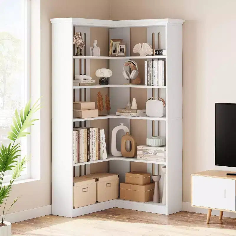 73 L-Shaped Corner Bookshelf - 5-Tier Farmhouse Shelf with 60lb Capacity, Thickened MDF Boards