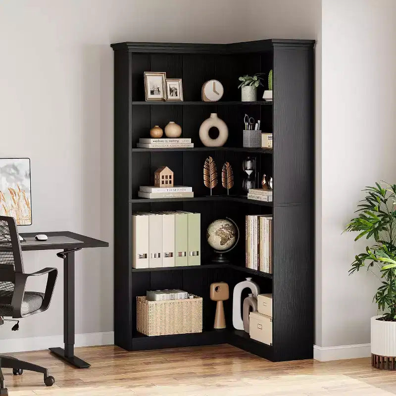 73 L-Shaped Corner Bookshelf - 5-Tier Farmhouse Shelf with 60lb Capacity, Thickened MDF Boards