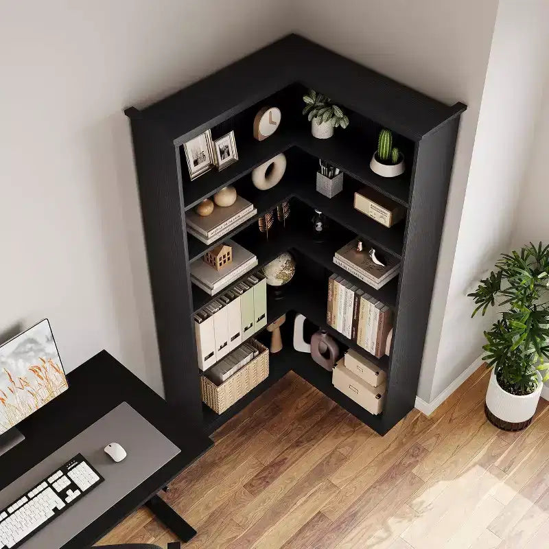 73 L-Shaped Corner Bookshelf - 5-Tier Farmhouse Shelf with 60lb Capacity, Thickened MDF Boards