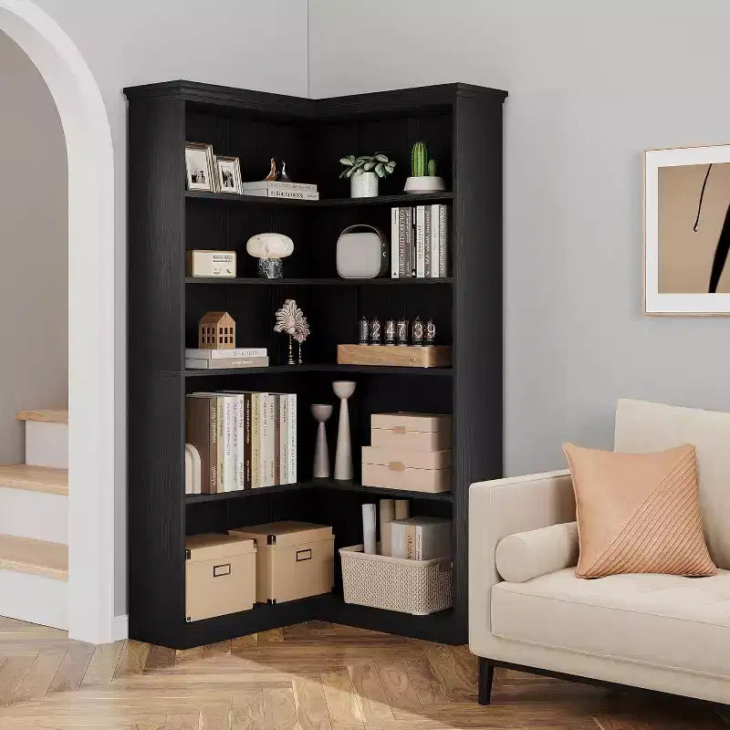 73 L-Shaped Corner Bookshelf - 5-Tier Farmhouse Shelf with 60lb Capacity, Thickened MDF Boards