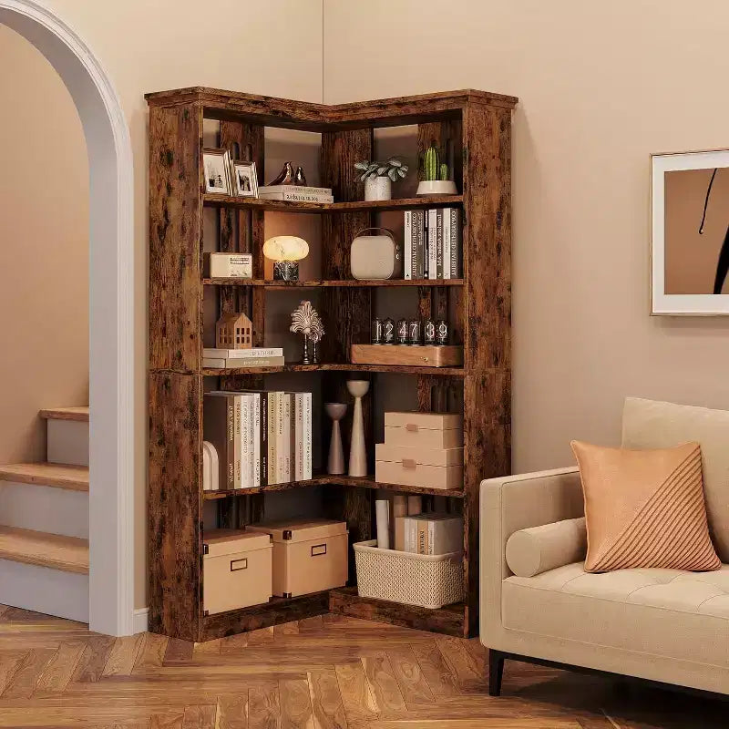 73 L-Shaped Corner Bookshelf - 5-Tier Farmhouse Shelf with 60lb Capacity, Thickened MDF Boards