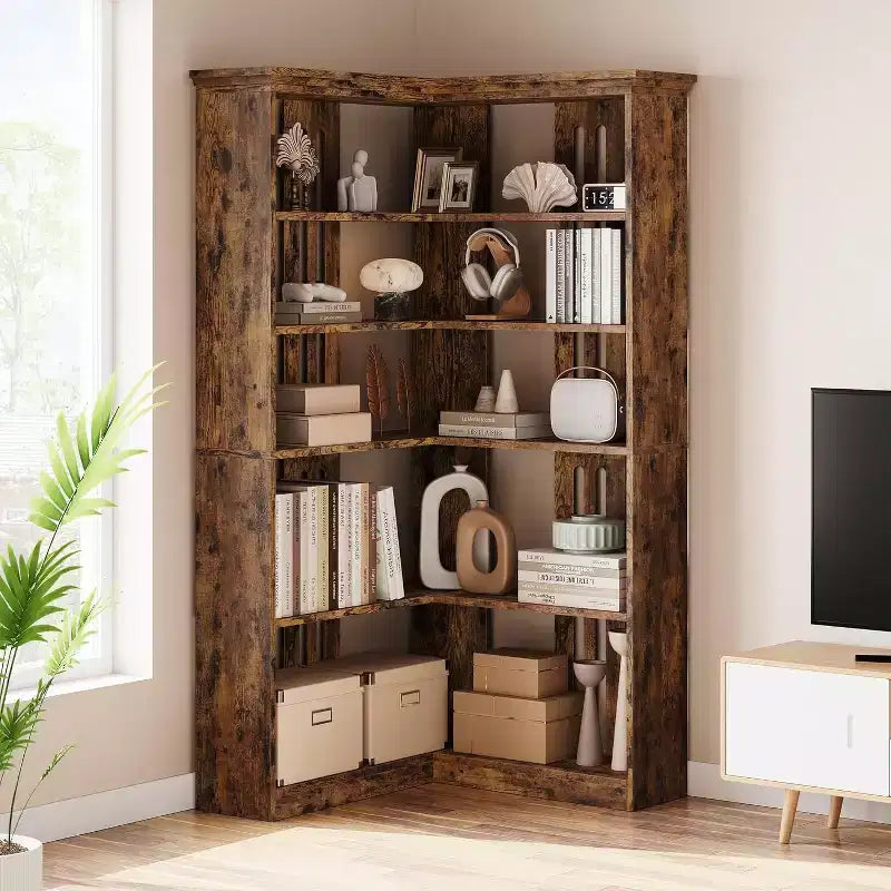 73 L-Shaped Corner Bookshelf - 5-Tier Farmhouse Shelf with 60lb Capacity, Thickened MDF Boards