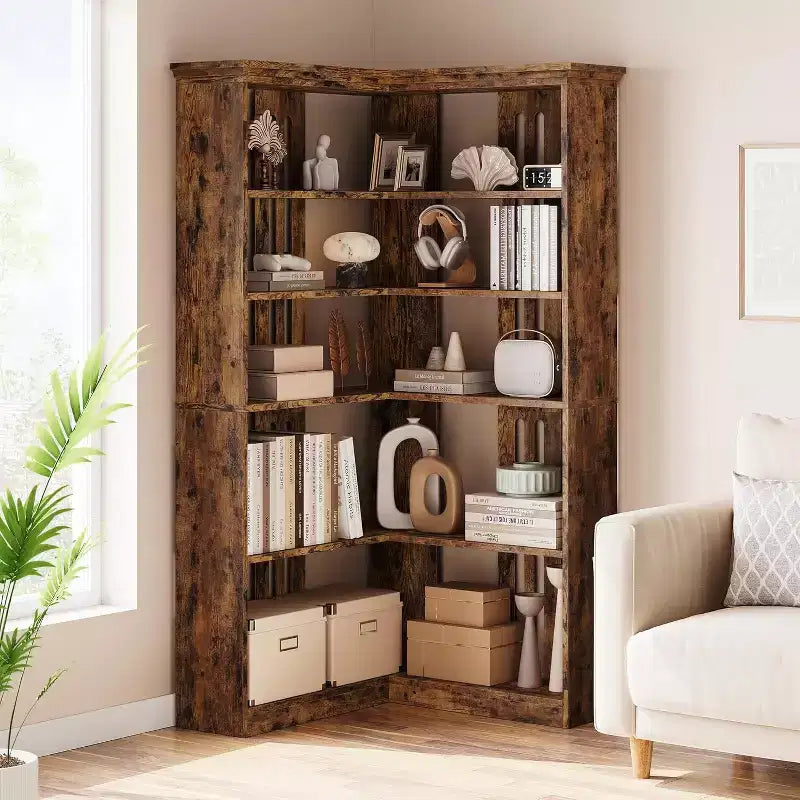 73 L-Shaped Corner Bookshelf - 5-Tier Farmhouse Shelf with 60lb Capacity, Thickened MDF Boards
