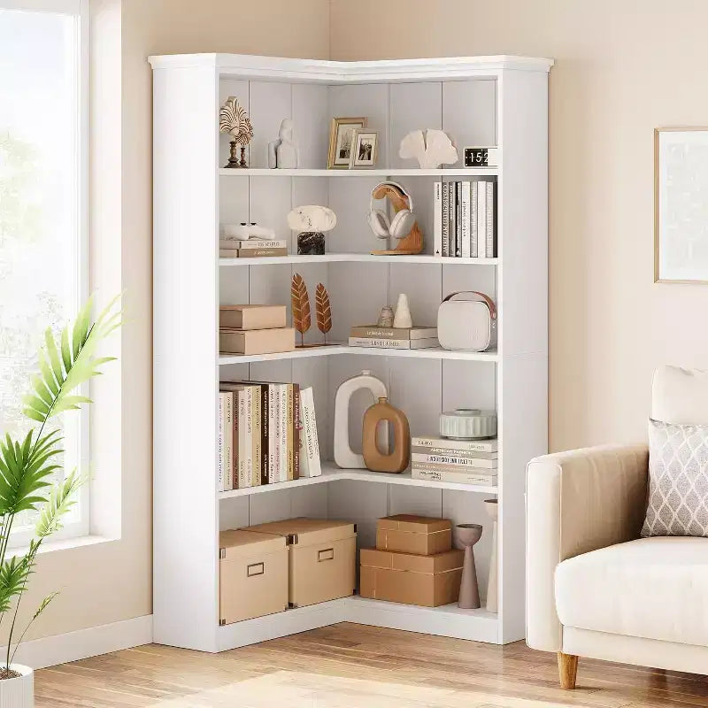 73 L-Shaped Corner Bookshelf - 5-Tier Farmhouse Shelf with 60lb Capacity, Thickened MDF Boards